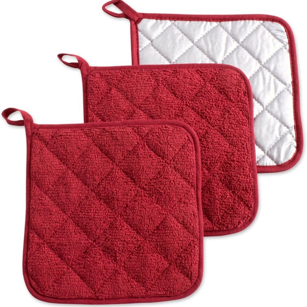 Basic Terry Collection Quilted 100% Cotton, Potholder, Barn Red, 3 Piece